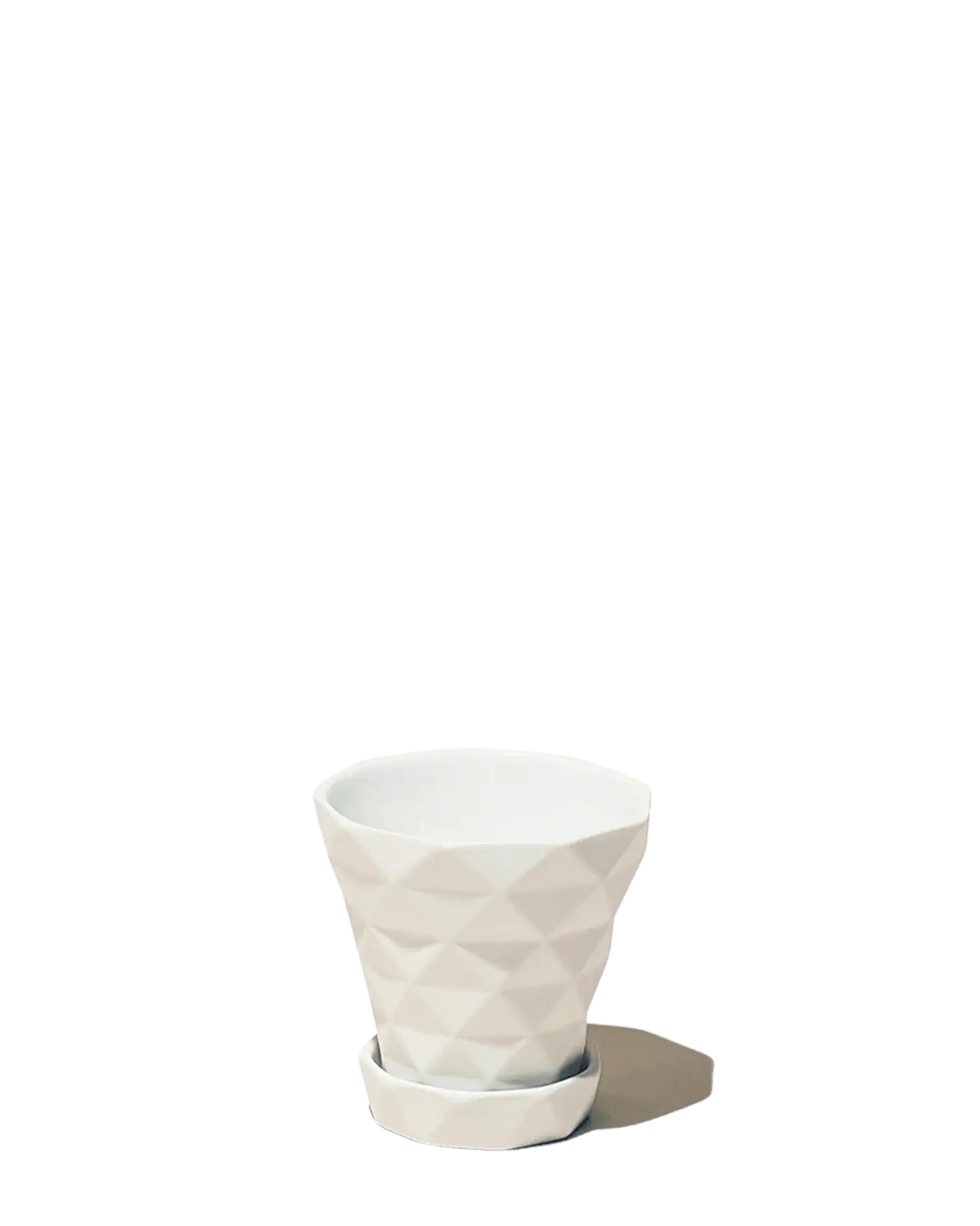 Chive Diamond light grey geometric faceted ceramic small planter with saucer.