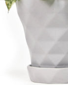 Close up of Chive Diamond medium light grey porcelain pot with drainage and detachable saucer, showing the texture finish.