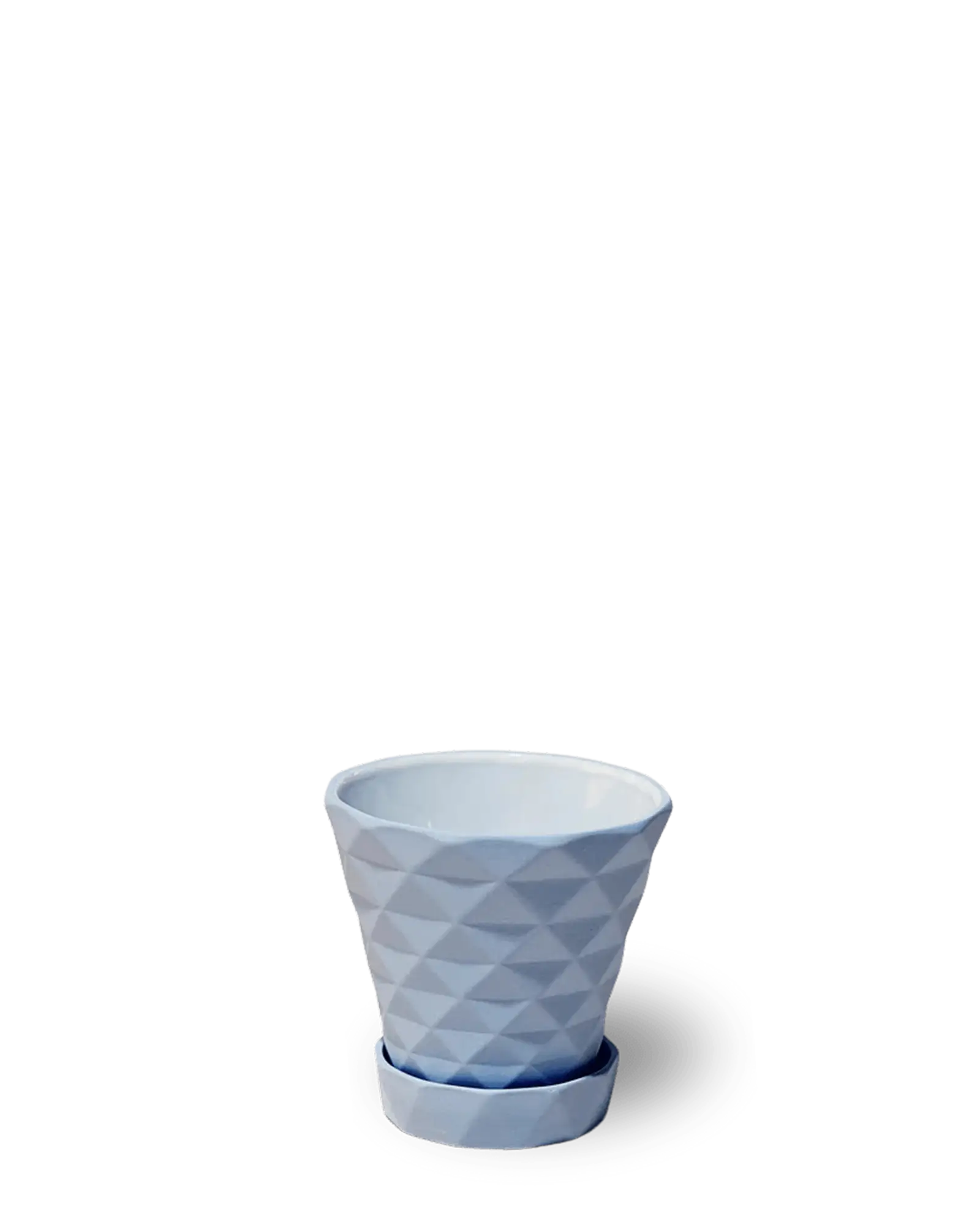 Chive Diamond sea blue geometric faceted ceramic small planter with saucer.