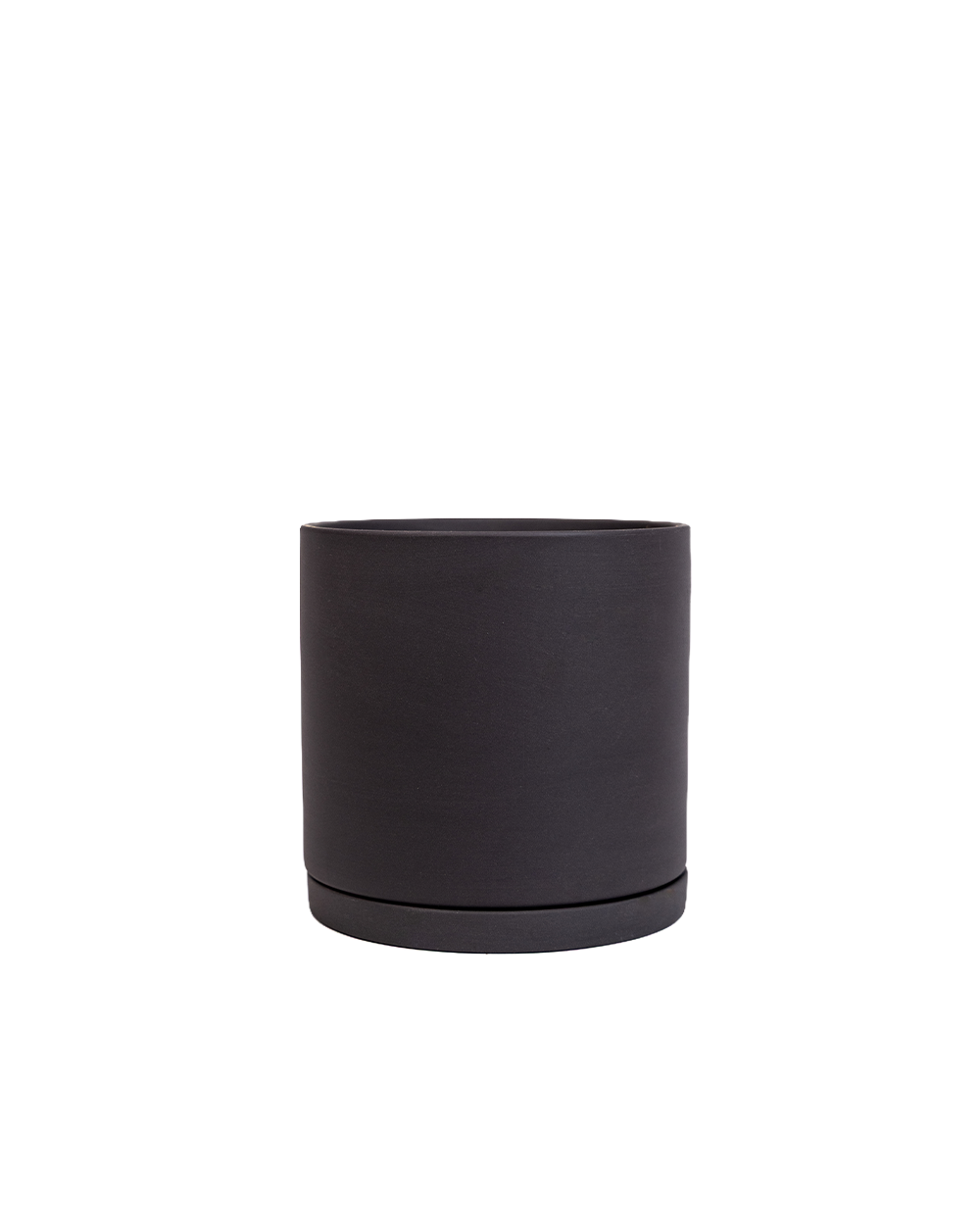 A matte black cylindrical planter pot with a matching saucer base, photographed against a solid white background.