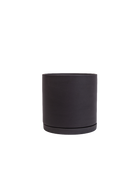 A matte black cylindrical planter pot with a matching saucer base, photographed against a solid white background.