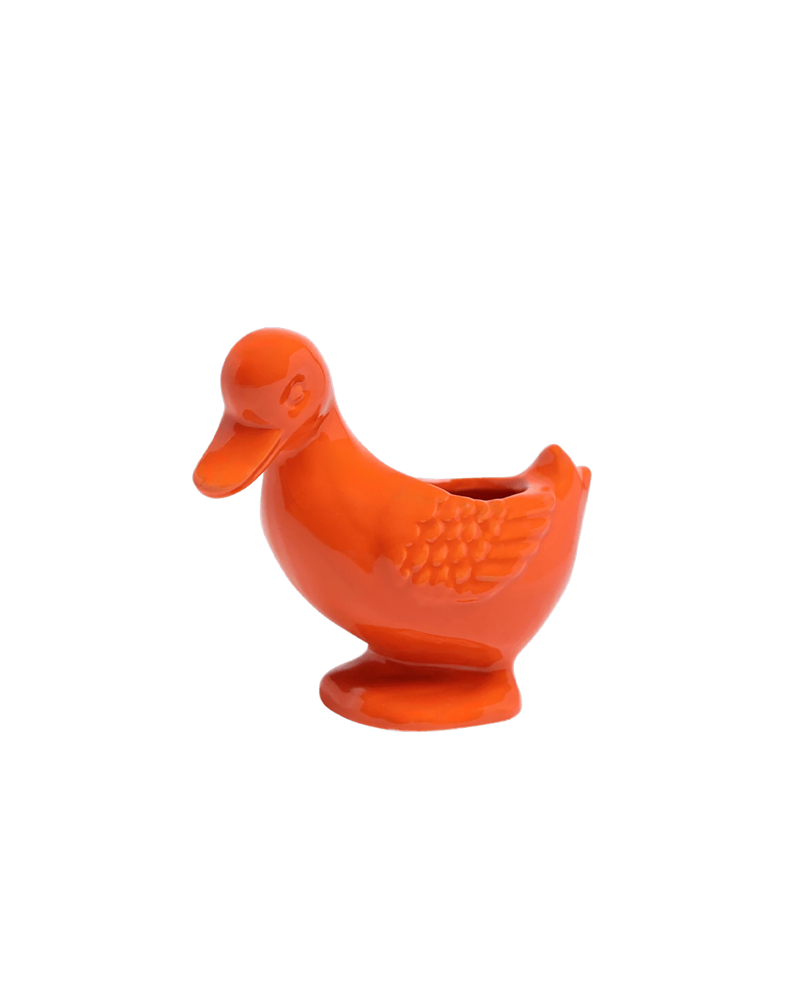 Chive Duck Orange color ceramic duck shaped succulent planter with no drainage.