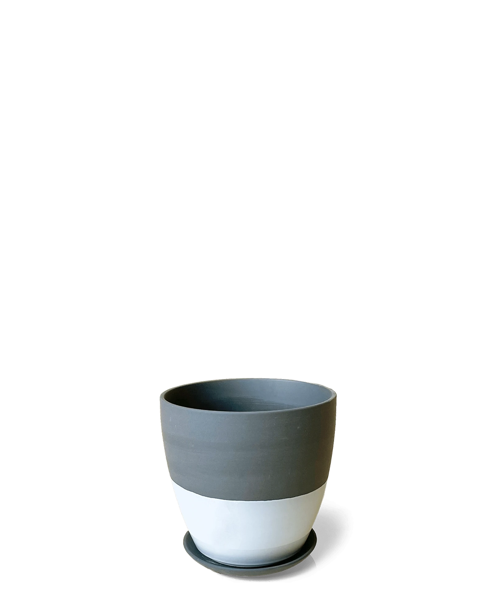Chive Dyad small black porcelain plant pot with drainage hole and detachable saucer.