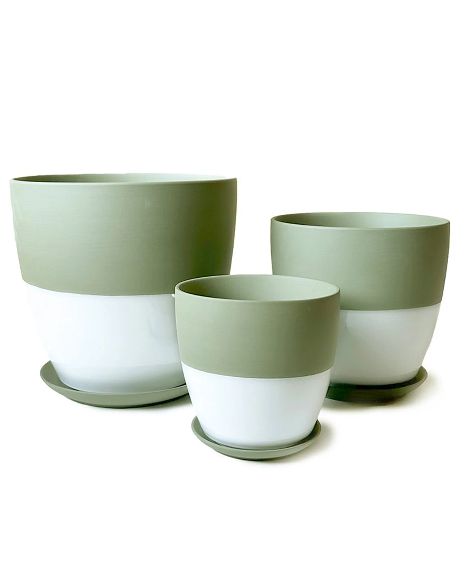 Three Chive Dyad olive porcelain pots with drainage and detachable saucers in large, medium, and small.