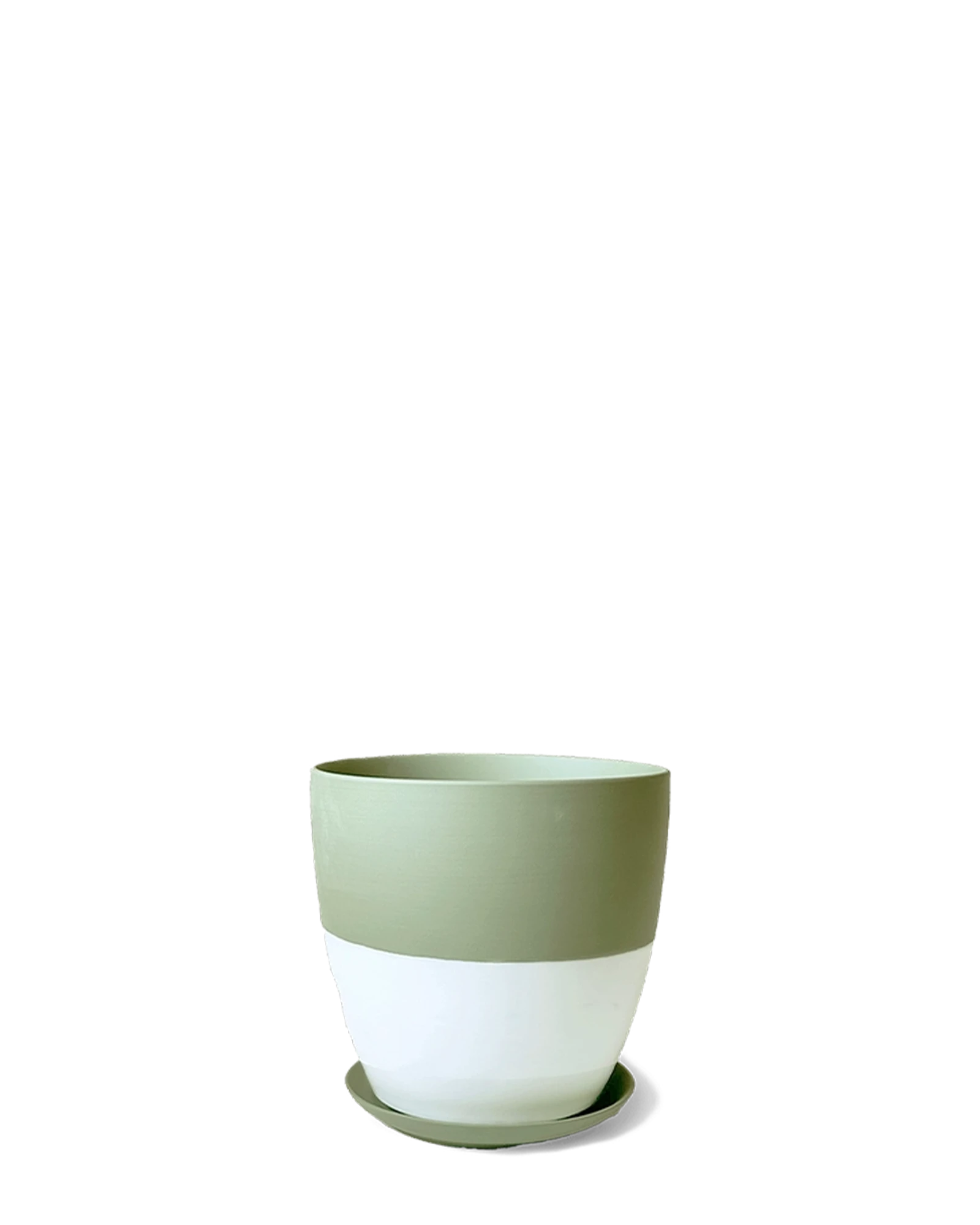 Chive Dyad large olive porcelain plant pot with drainage hole and detachable saucer.