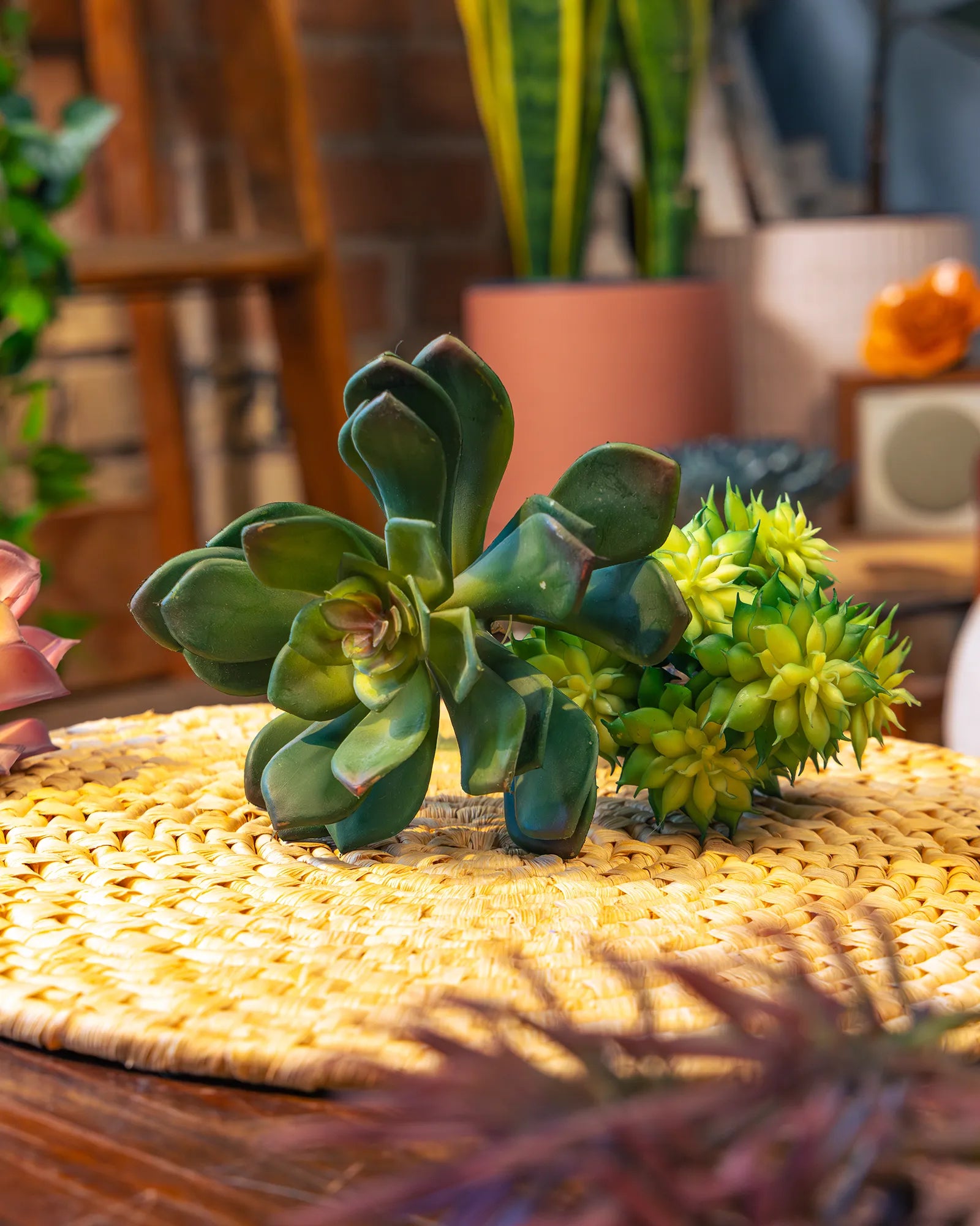 A cluster of Chive realistic blue teal faux succulent echeveria stems arranged on a woven round mat on a wood table.