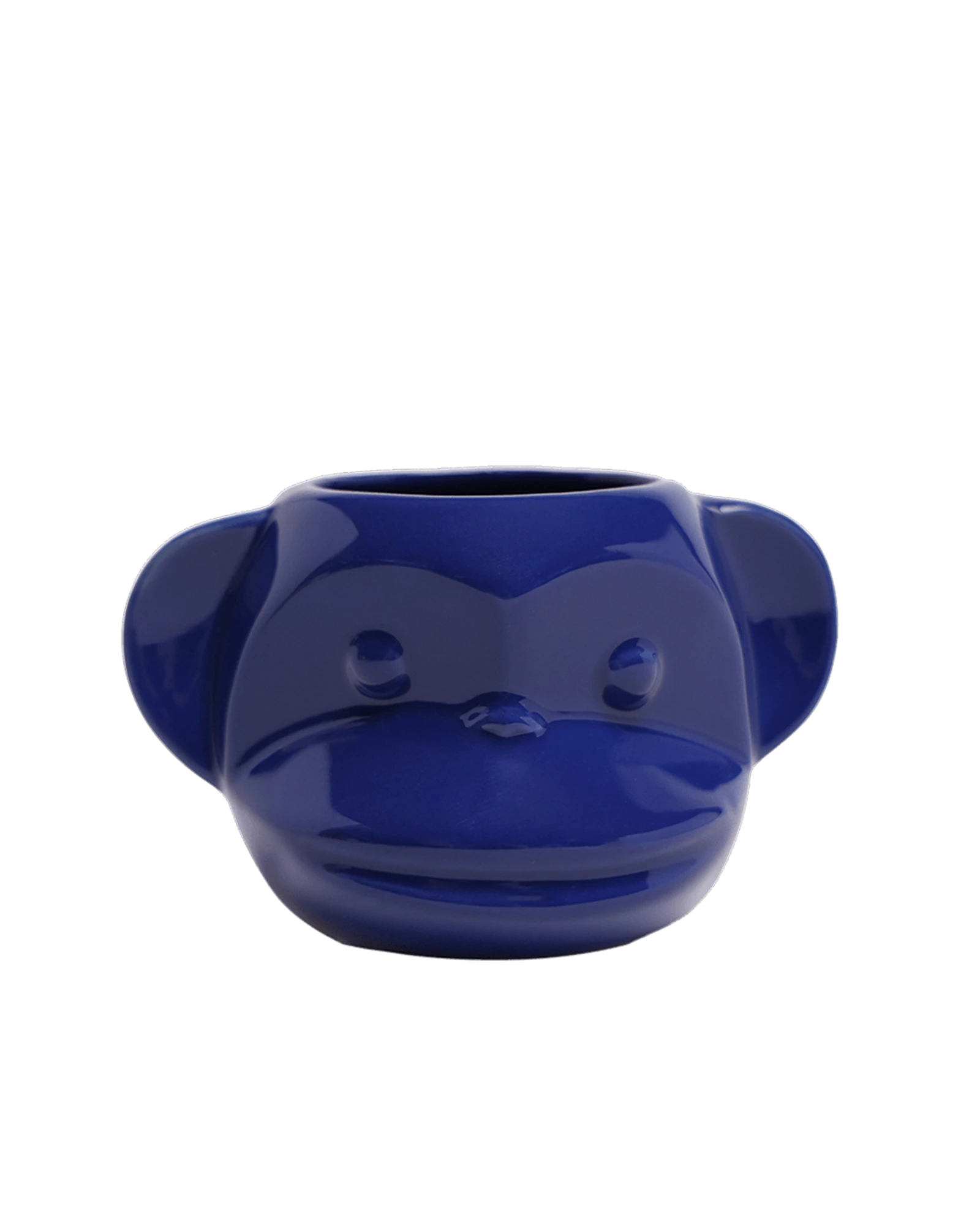 Front view of Chive Funky Monkey Blue ceramic monkey shaped succulent planter with no drainage.