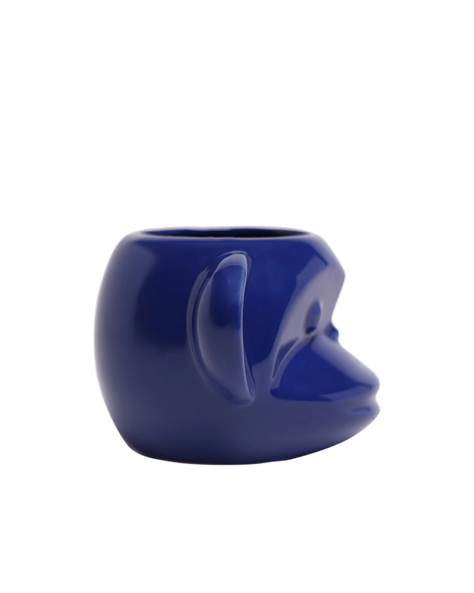 Side view of Chive Funky Monkey Blue color ceramic monkey shaped succulent planter with no drainage.