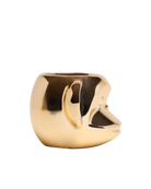 Side view of Chive Funky Monkey Gold color ceramic monkey shaped succulent planter with no drainage.