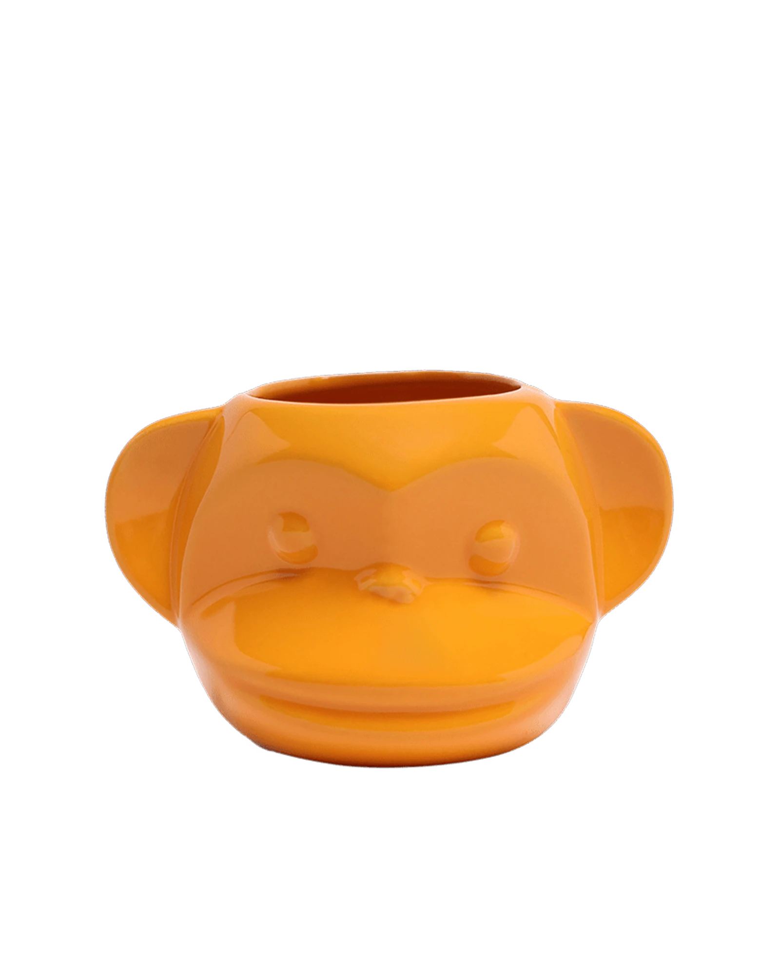 Front view of Chive Funky Monkey Orange color ceramic monkey shaped succulent planter with no drainage.