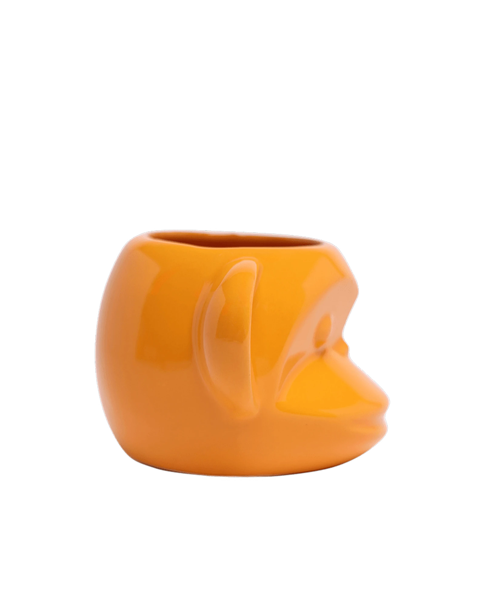Side view of Chive Funky Monkey Orange ceramic monkey shaped succulent planter with no drainage.
