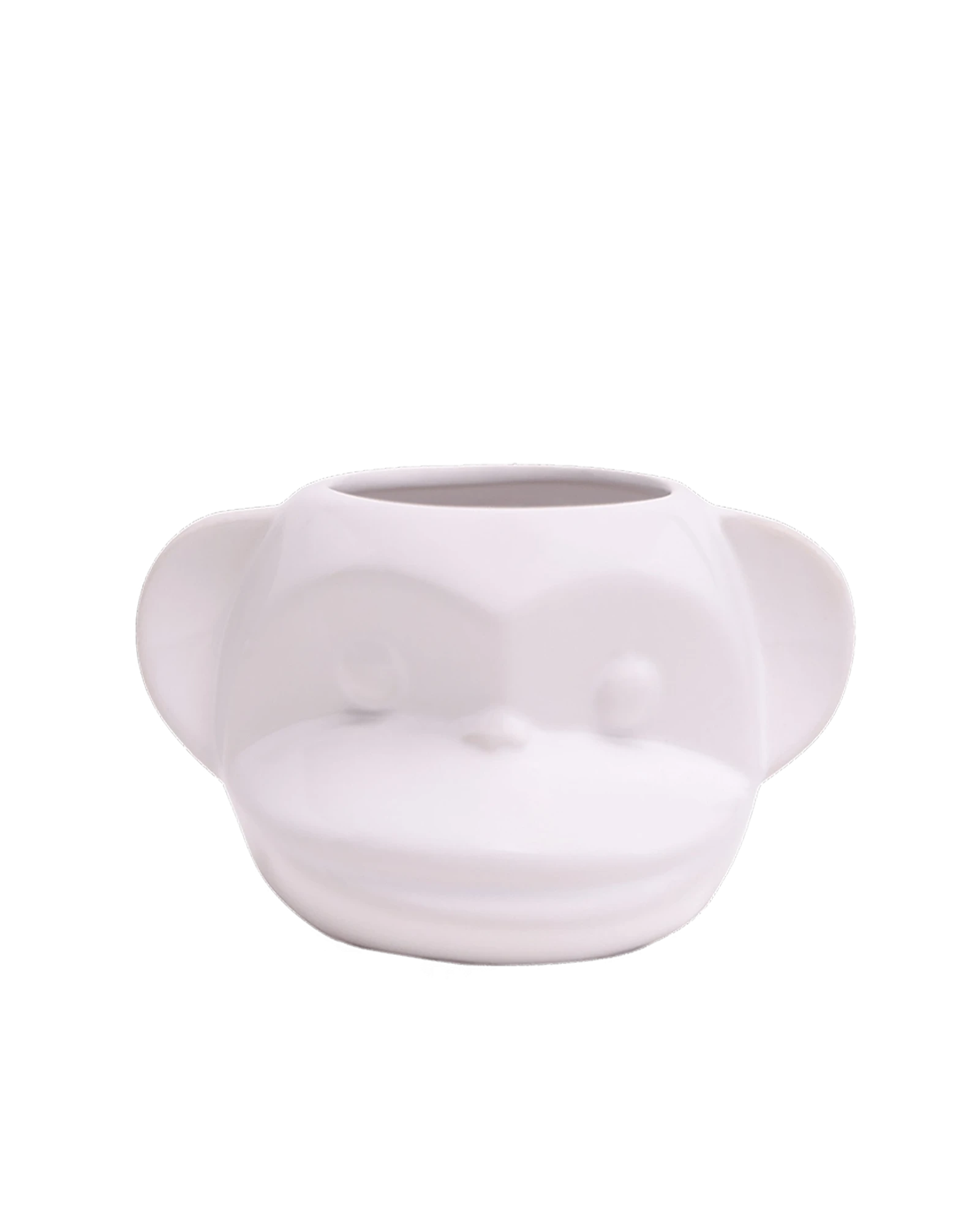 Front view of Chive Funky Monkey White ceramic monkey shaped succulent planter with no drainage.
