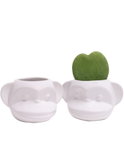 Two Chive Funky Monkey White glazed ceramic monkey shaped planters styled with a small plant.