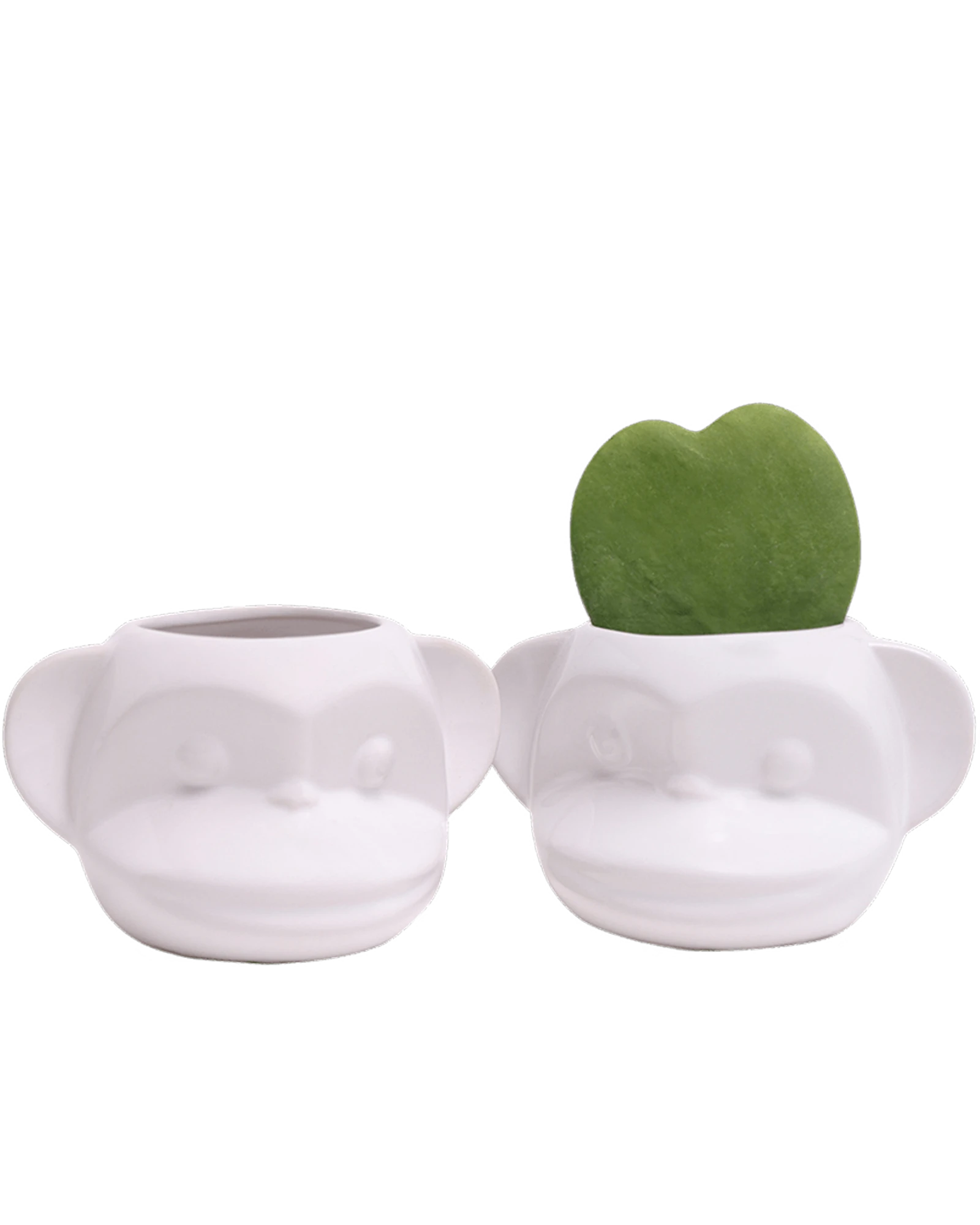 Two Chive Funky Monkey White glazed ceramic monkey shaped planters styled with a small plant.