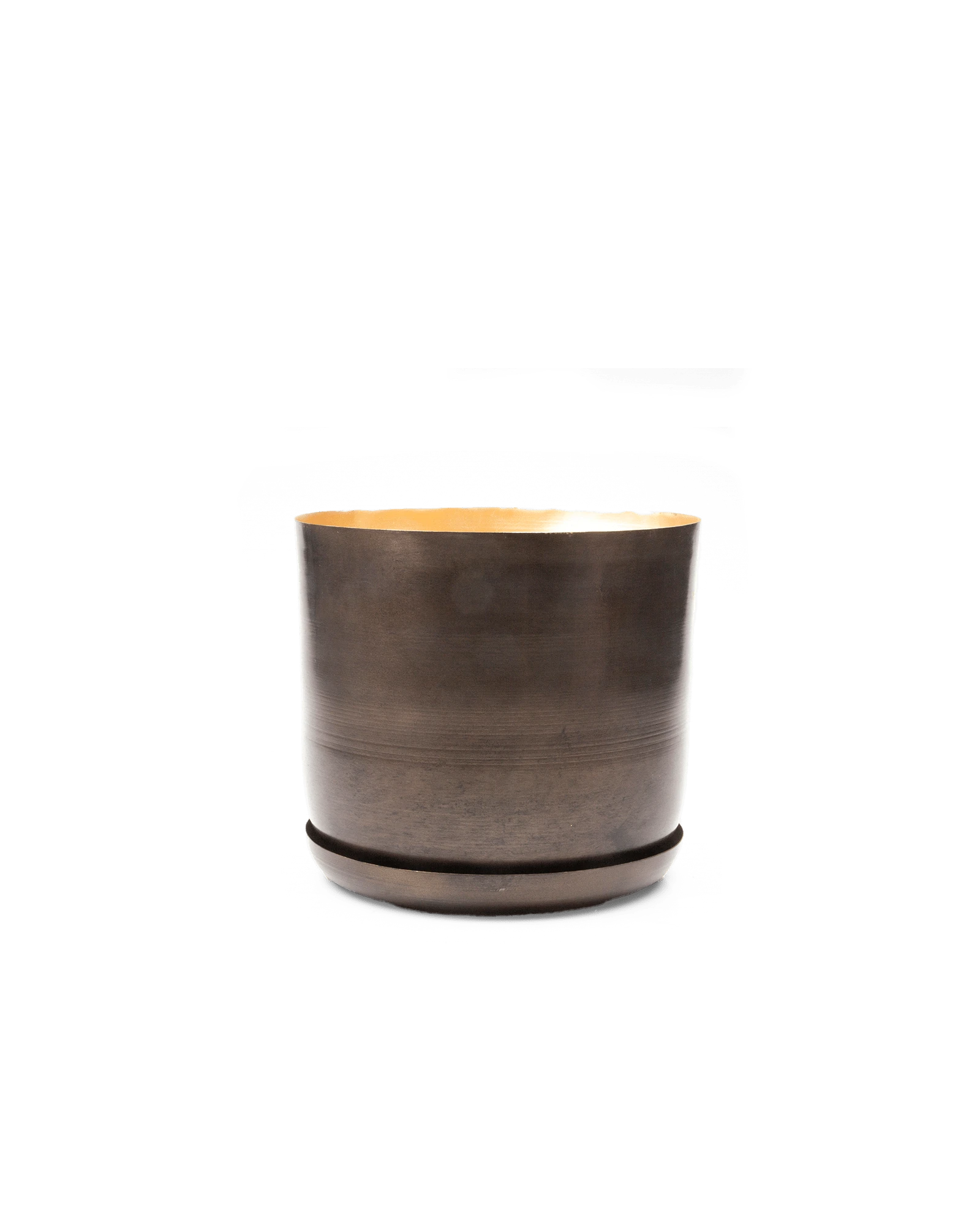 Chive Joe large bronzed brown metal pot with drainage hole and detachable saucer.