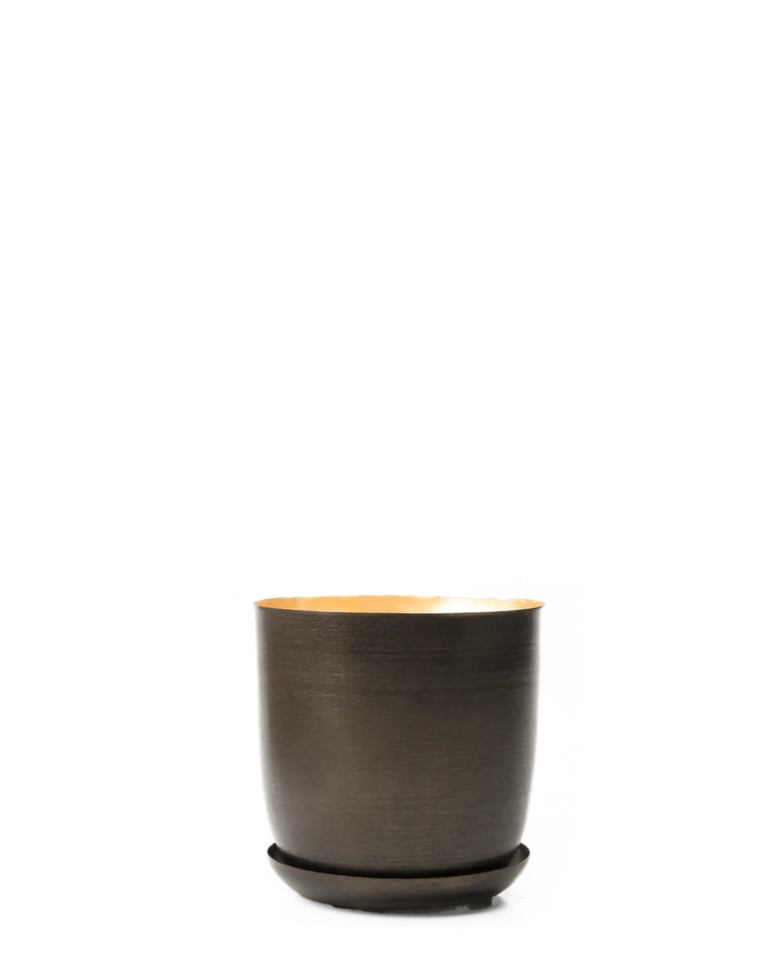 Chive Joe metal planter in bronzed brown with a brushed finish, gold interior, and matching saucer.
