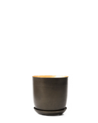 Chive Joe metal planter in bronzed brown with a brushed finish, gold interior, and matching saucer.