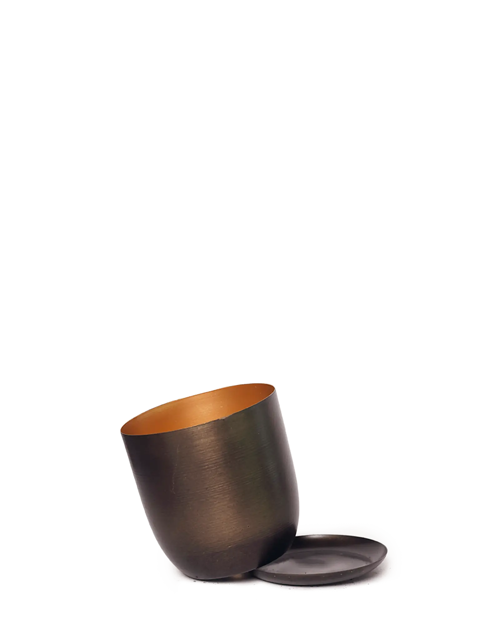 Chive Joe bronzed brown medium metal planter with drainage tipped to show the copper interior finish and the detachable saucer.