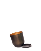 Chive Joe bronzed brown medium metal planter with drainage tipped to show the copper interior finish and the detachable saucer.