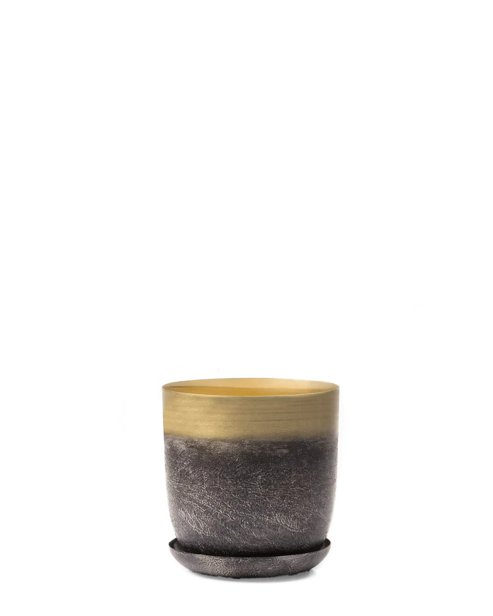 Chive Joe metal planter with a two-tone gold and textured brown finish and matching saucer.