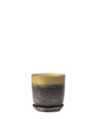Chive Joe metal planter with a two-tone gold and textured brown finish and matching saucer.