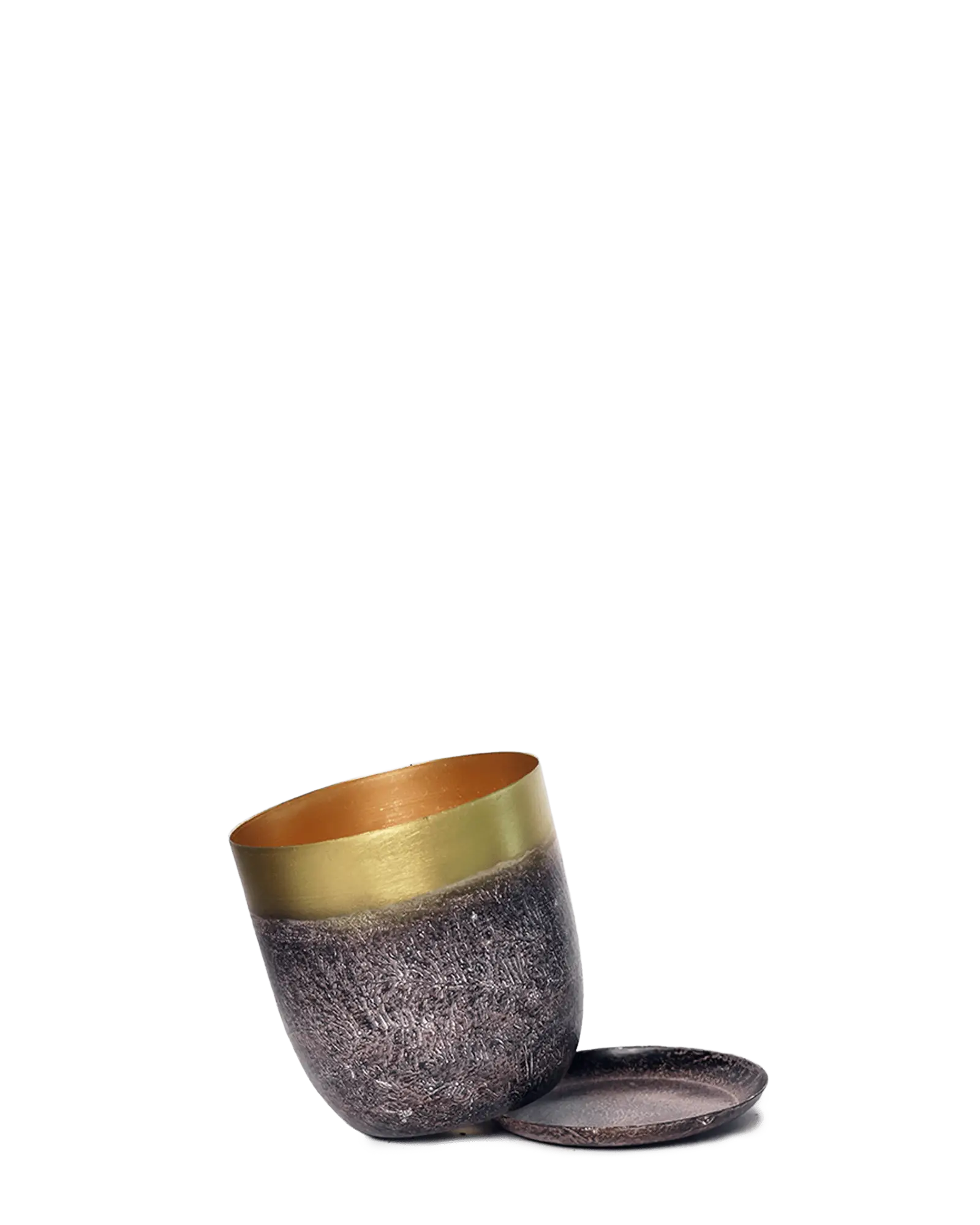 Chive Joe brown and gold metal planter tipped to show the gold interior and rough textured exterior.