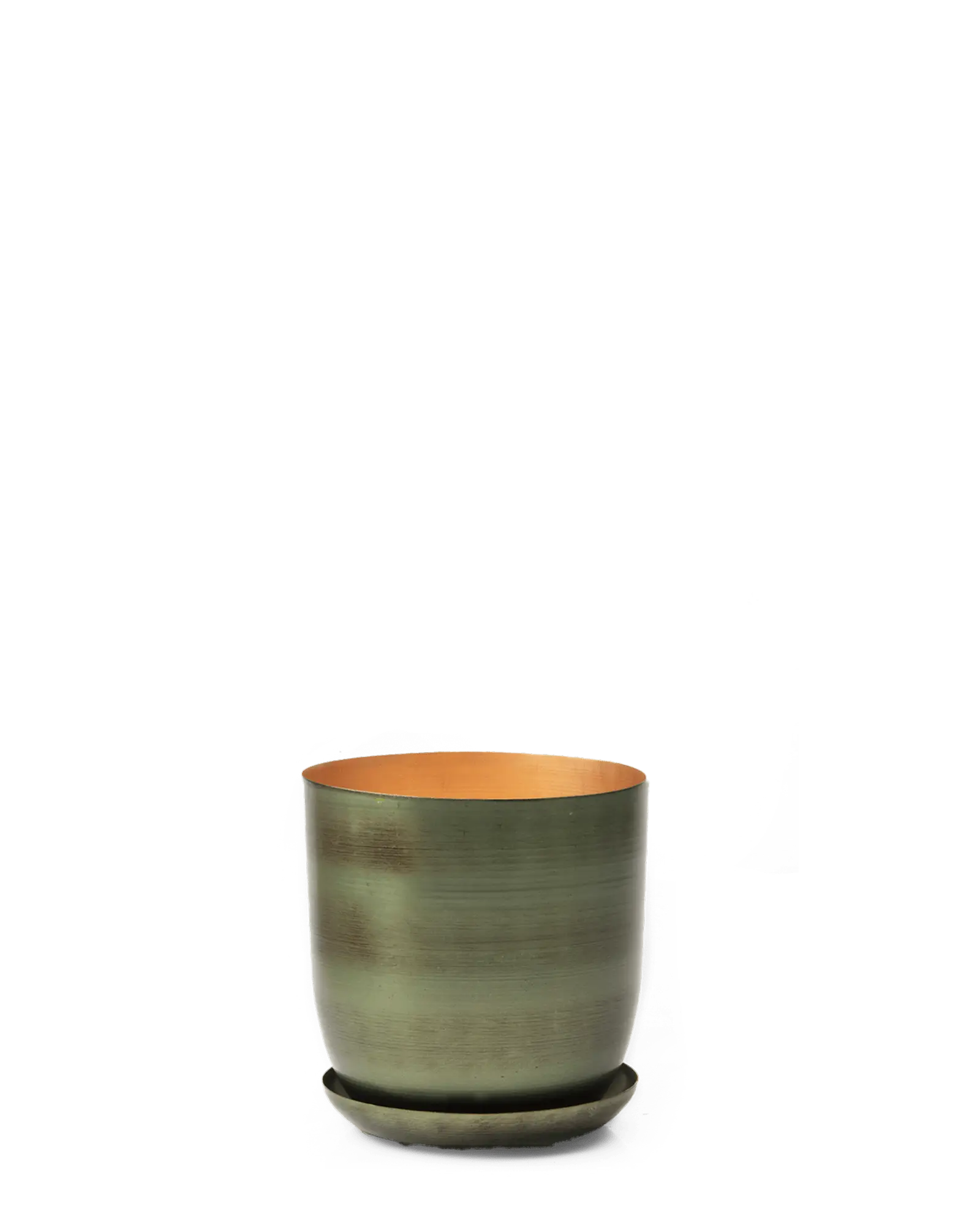 Chive Joe metal planter in fern brown with a brushed olive finish, gold interior, and matching saucer.