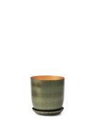 Chive Joe metal planter in fern brown with a brushed olive finish, gold interior, and matching saucer.