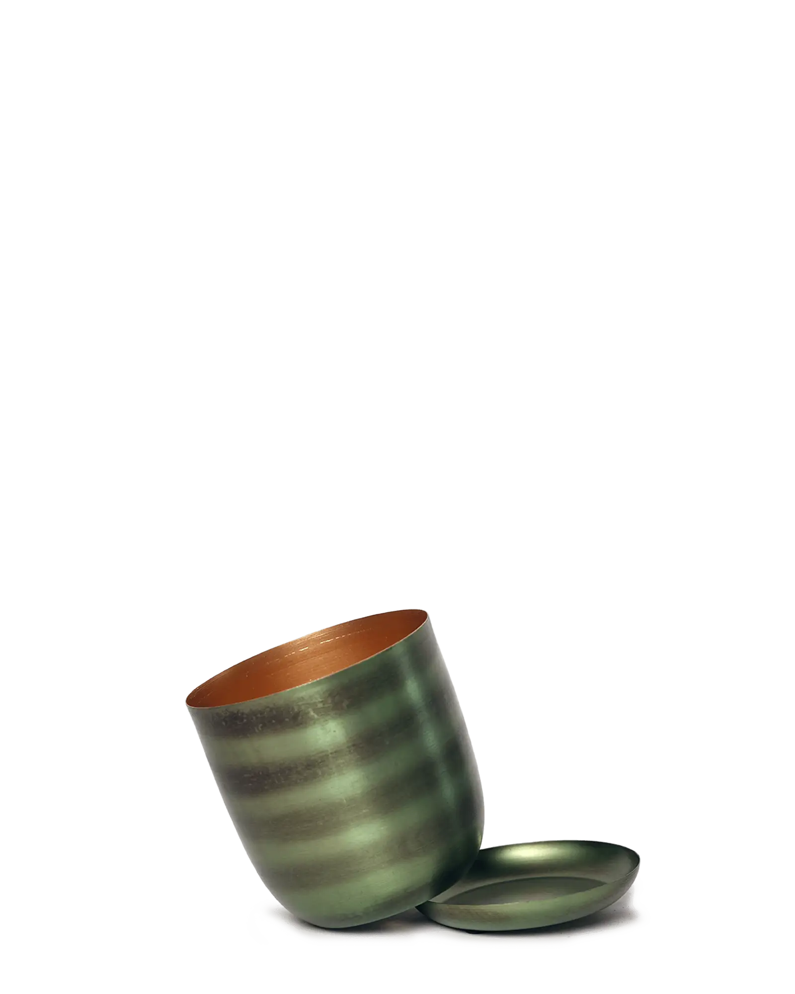 Chive Joe fern brown metal planter tipped to show the copper interior and brushed olive exterior finish.
