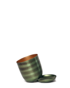 Chive Joe fern brown metal planter tipped to show the copper interior and brushed olive exterior finish.