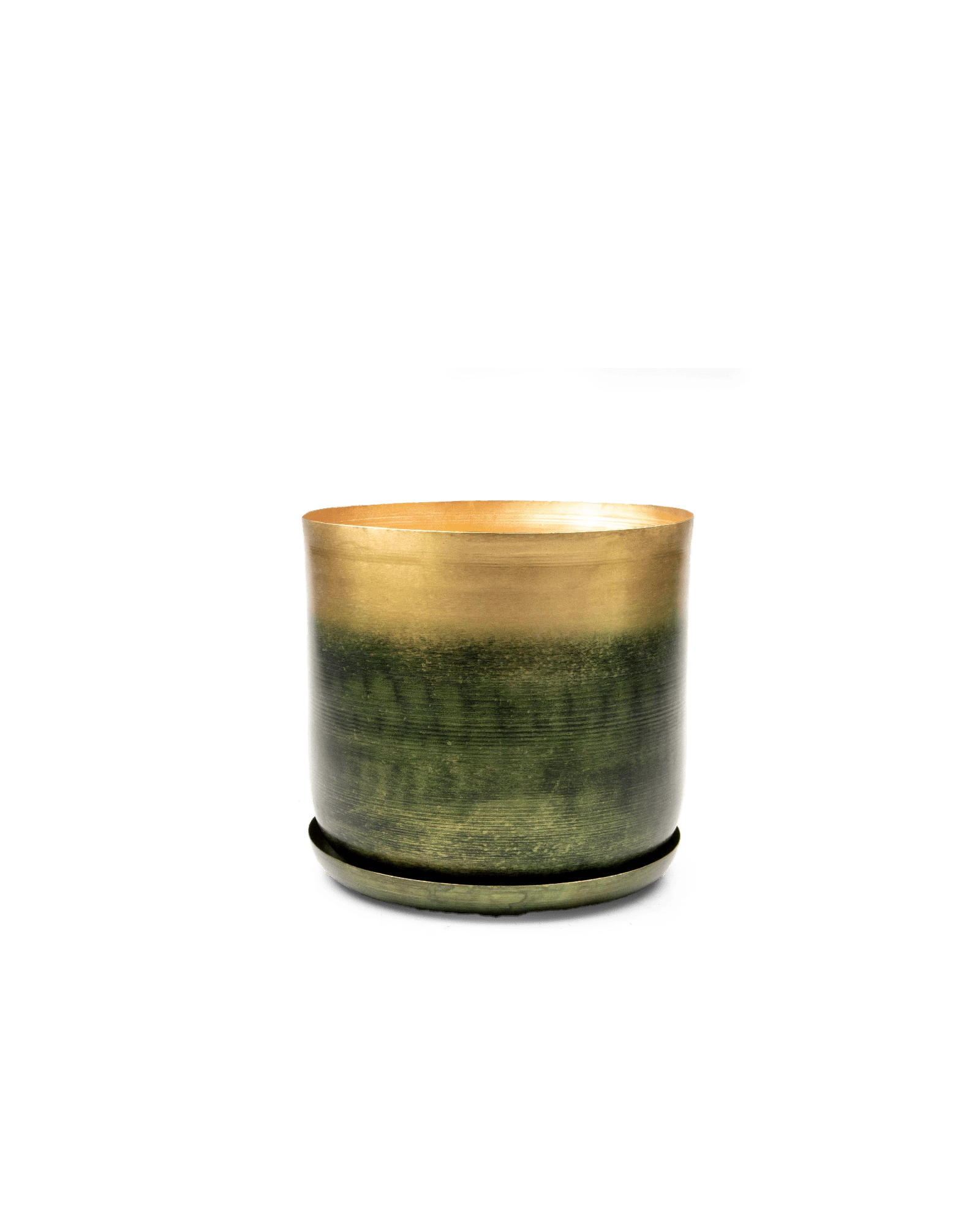 Chive Joe large forest gold metal pot with drainage hole and detachable saucer.