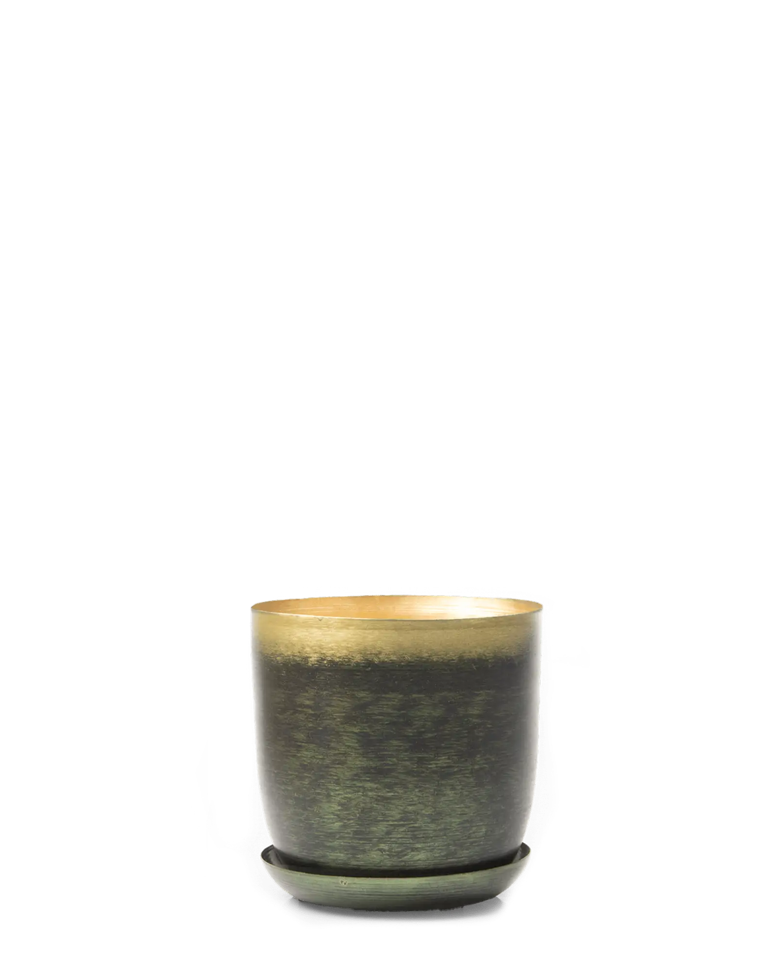 Chive Joe medium metal planter in forest gold with a gradient finish, gold interior, and matching saucer.