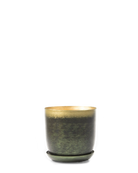 Chive Joe medium metal planter in forest gold with a gradient finish, gold interior, and matching saucer.