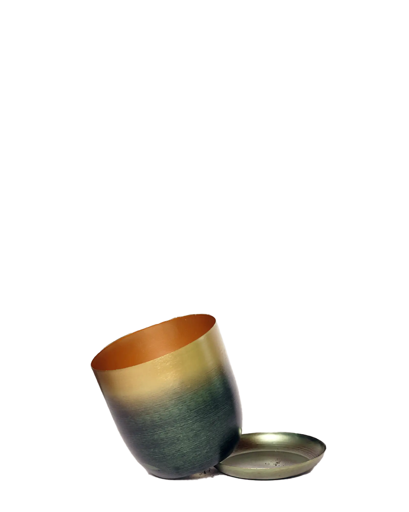 Chive Joe forest gold medium metal planter with drainage tipped to show the gold interior and the detachable saucer.