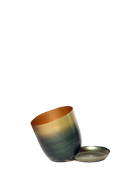 Chive Joe forest gold medium metal planter with drainage tipped to show the gold interior and the detachable saucer.