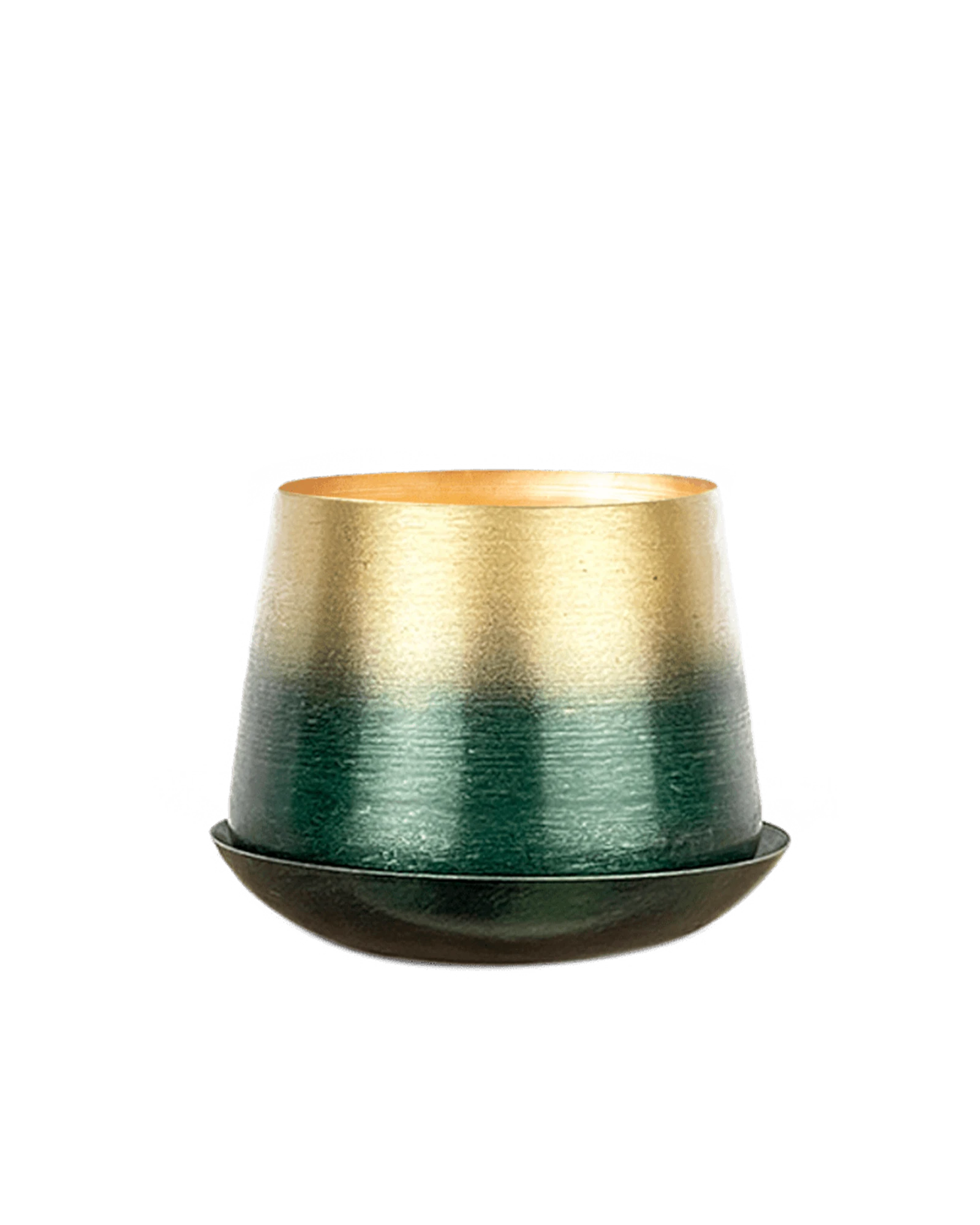 Chive Joe small forest gold color metal plant pot with drainage hole and detachable saucer.