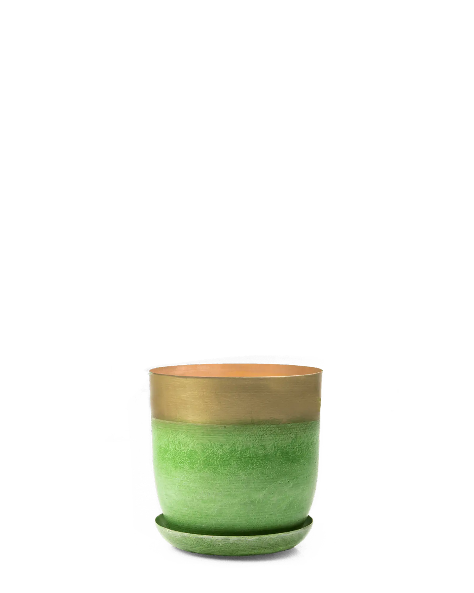 Chive Joe green gold metal medium plant pot with drainage hole and detachable saucer.