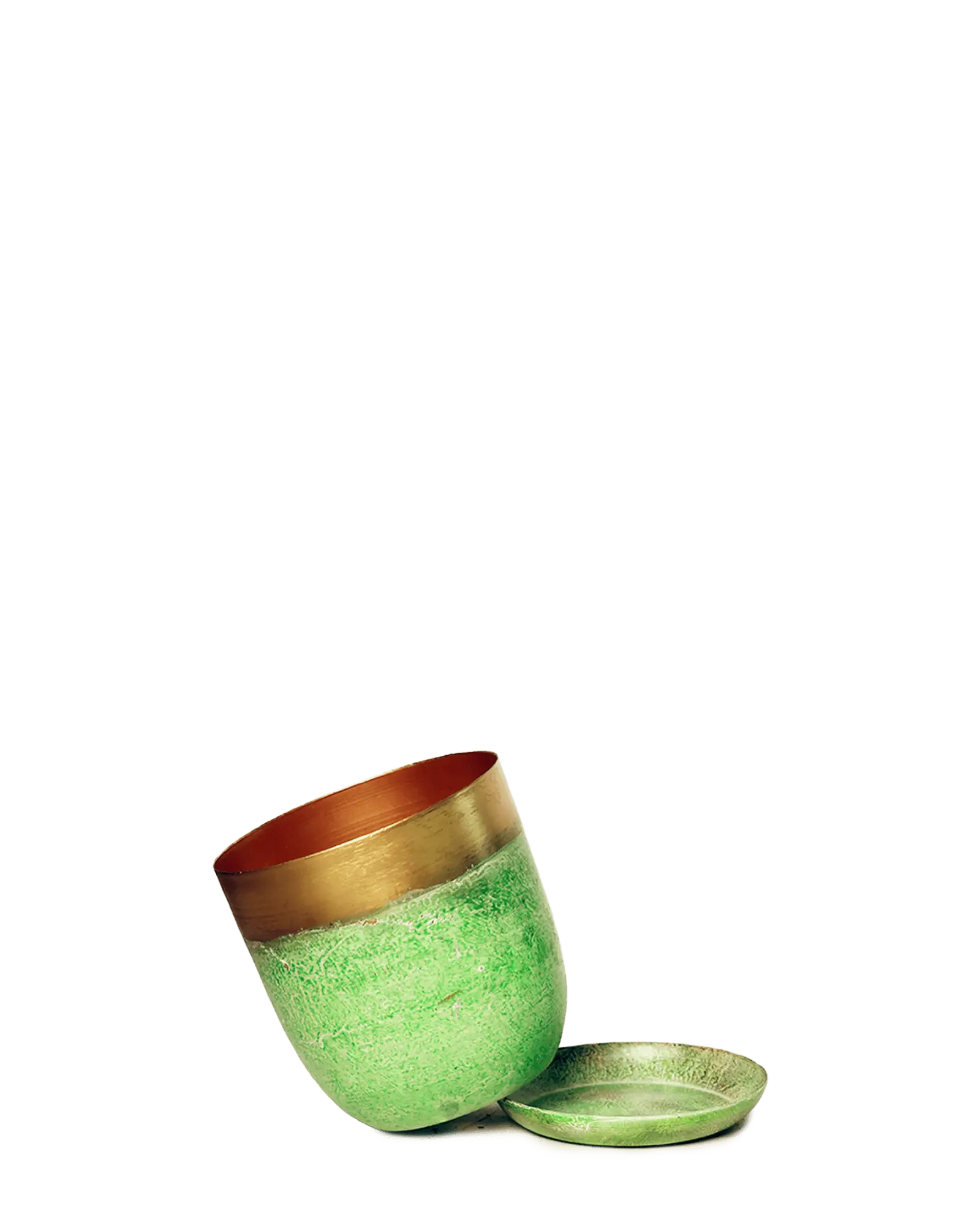 Chive Joe green gold medium metal planter with drainage tipped to show the warm copper interior finish and the detachable saucer.
