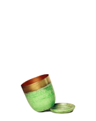 Chive Joe green gold medium metal planter with drainage tipped to show the warm copper interior finish and the detachable saucer.