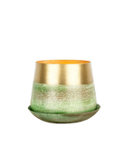 Chive Joe small green gold metal plant pot with drainage hole and detachable saucer.