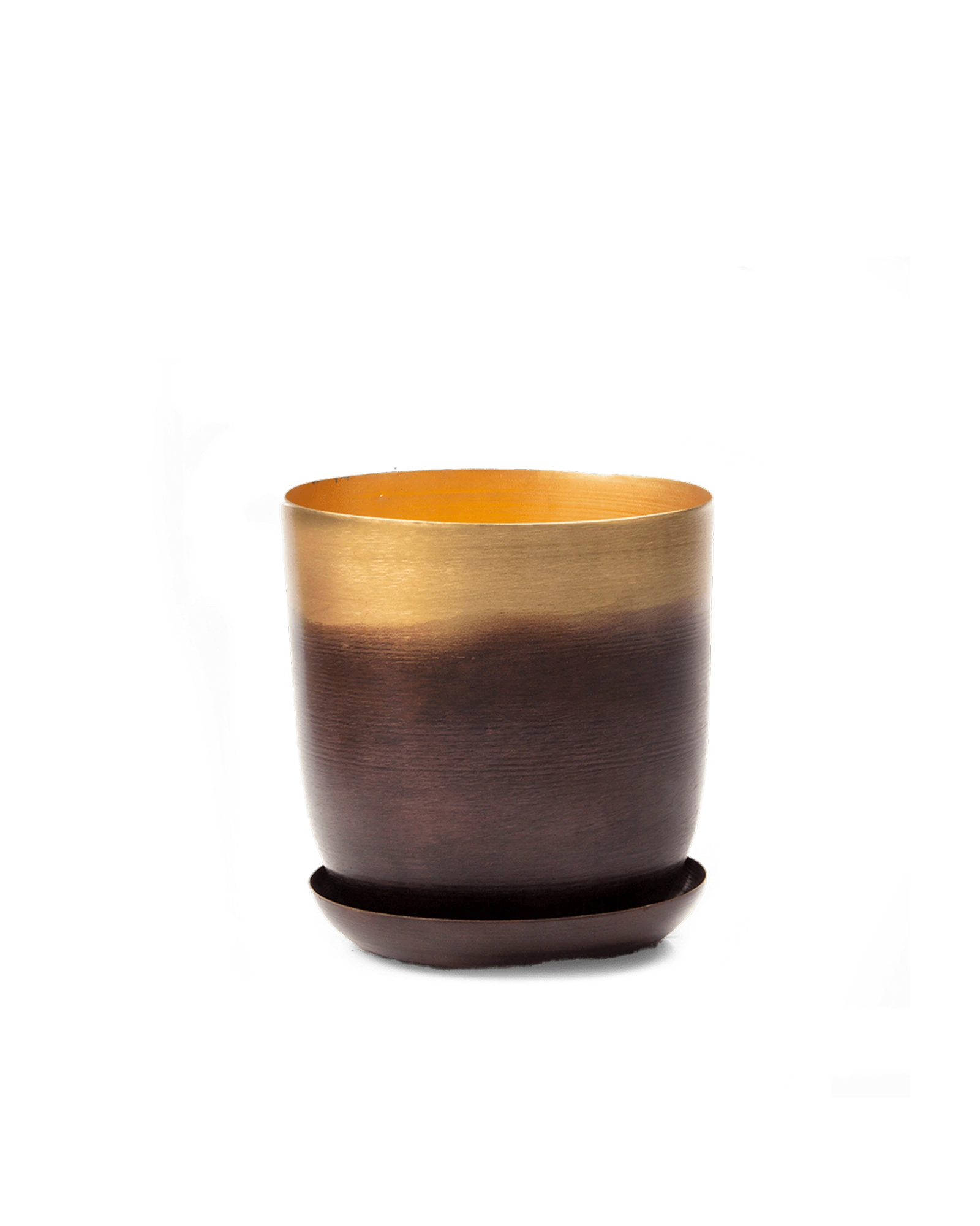 Chive Joe large metal plant pot in mahogany gold color with drainage hole and detachable saucer.