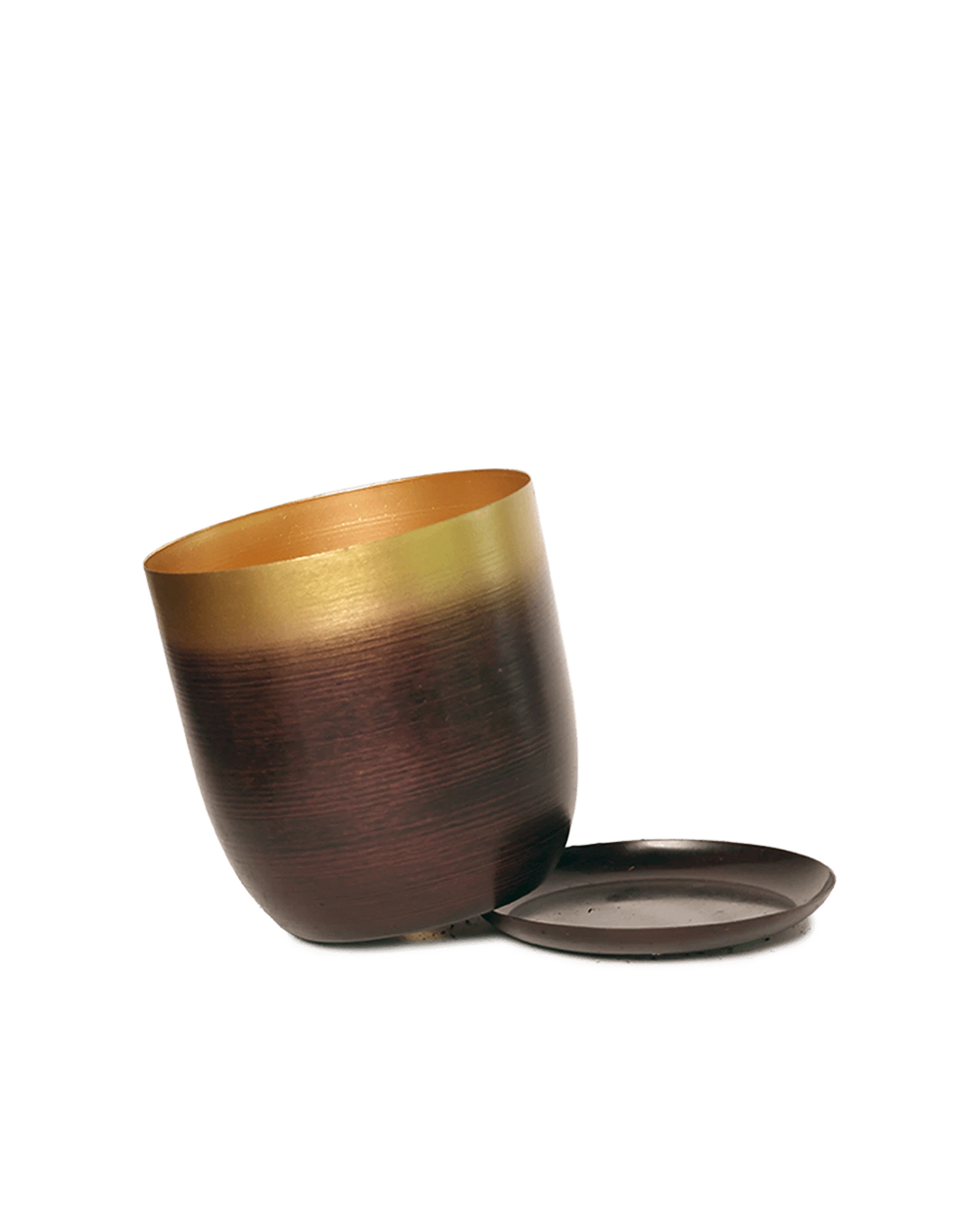 Close up of Chive Joe large metal plant pot in mahogany gold tiled to show the detachable saucer.