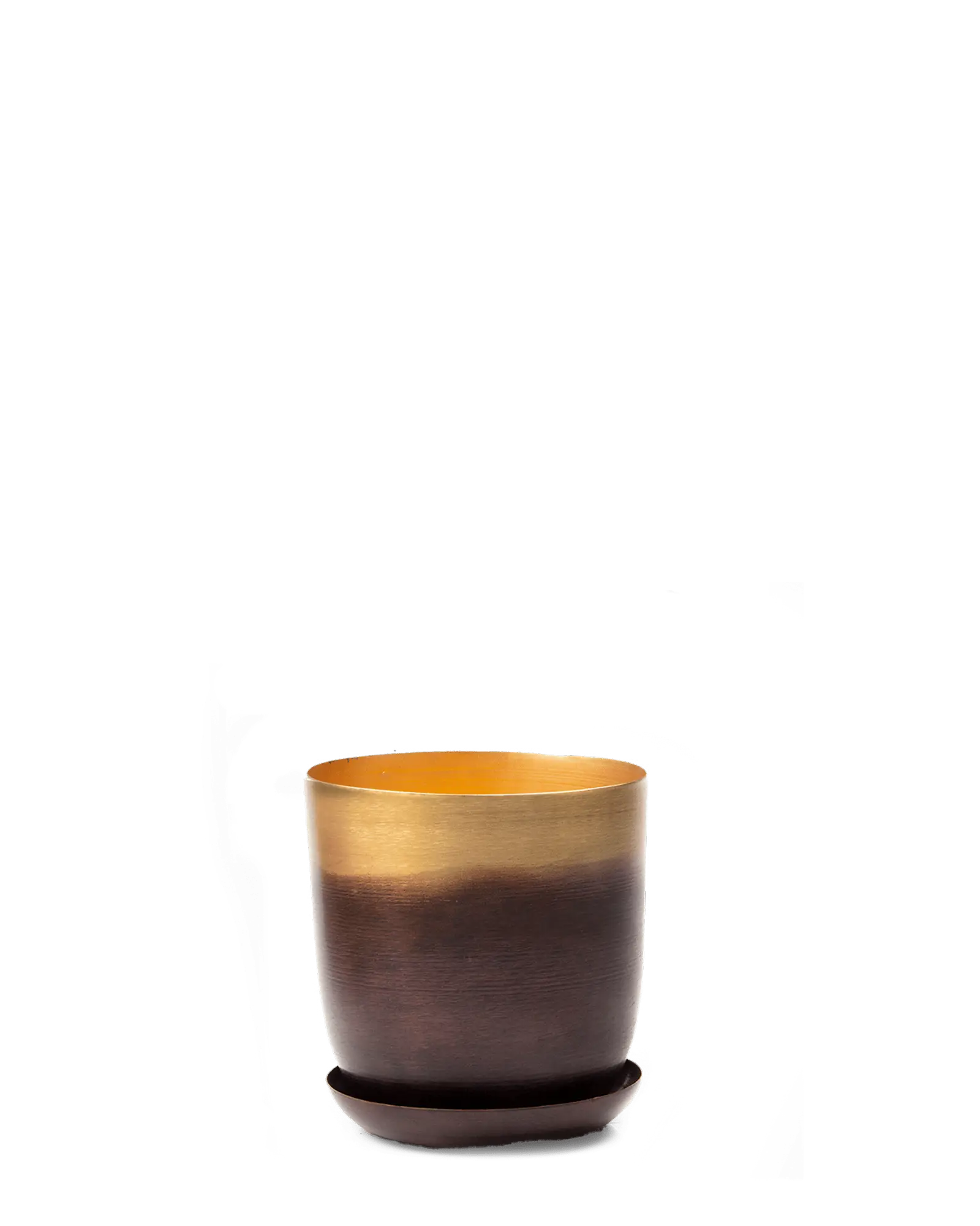 Chive Joe medium metal planter in mahogany gold ombre with a metallic brushed finish and matching saucer.