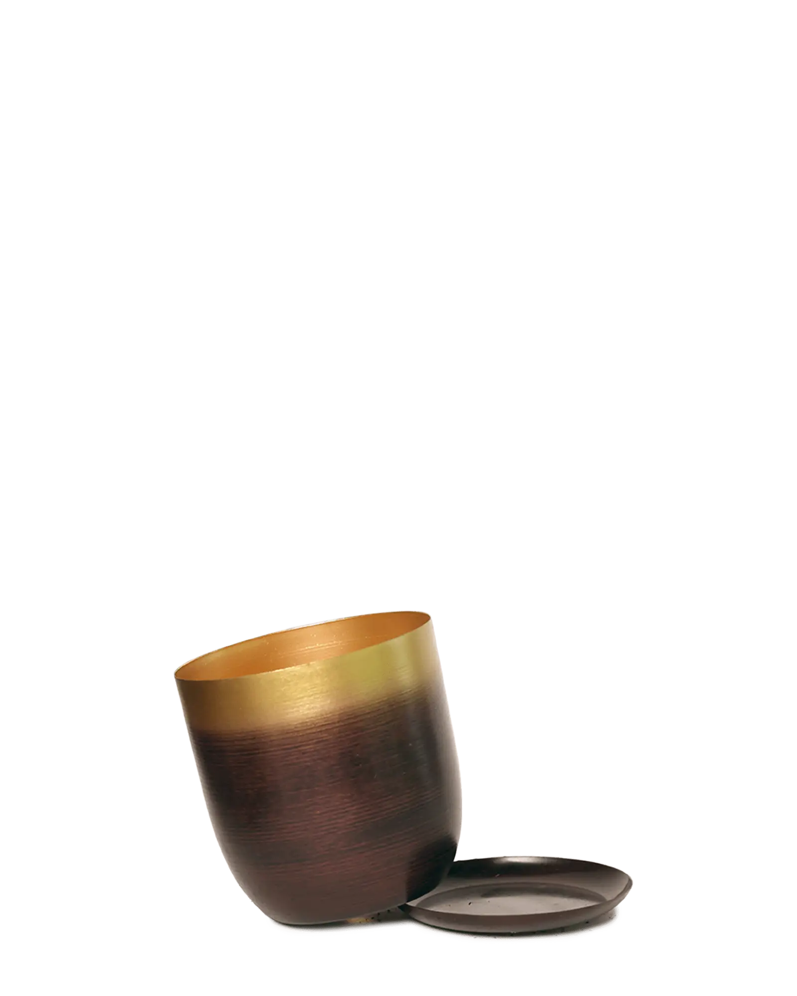 Chive Joe medium metal planter in mahogany gold with a brushed ombre finish, shown with a matching saucer.