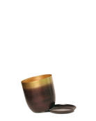 Chive Joe medium metal planter in mahogany gold with a brushed ombre finish, shown with a matching saucer.