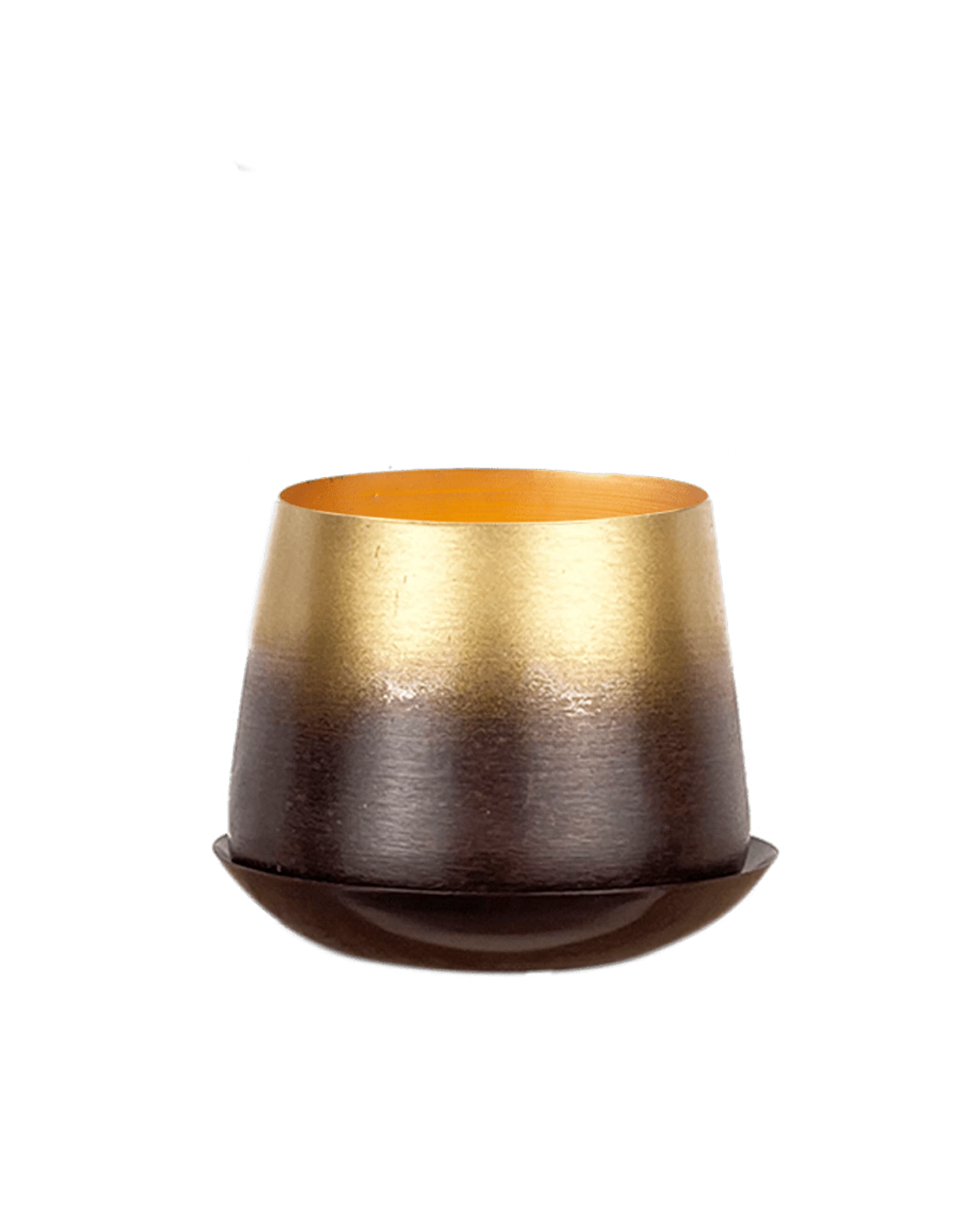 Chive Joe small mahogany gold color metal plant pot with drainage hole and detachable saucer.