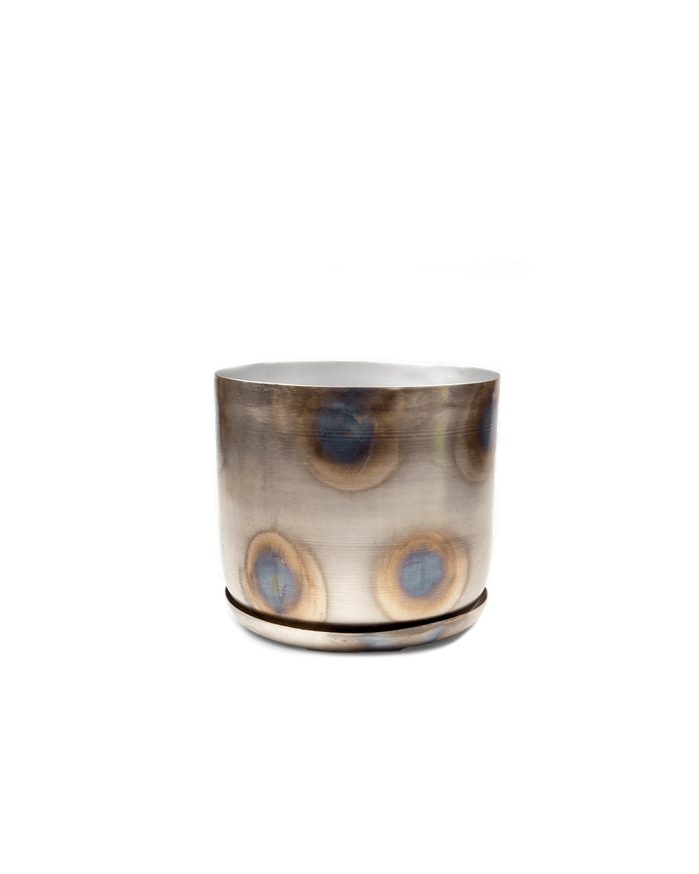 Chive Joe large silver metal pot with drainage hole and detachable saucer.