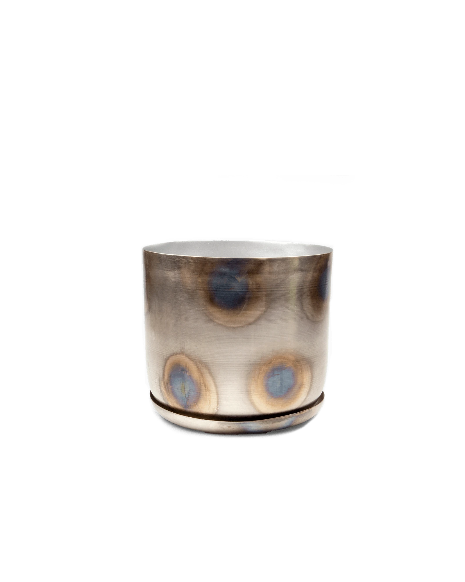 Chive Joe large silver metal pot with drainage hole and detachable saucer.