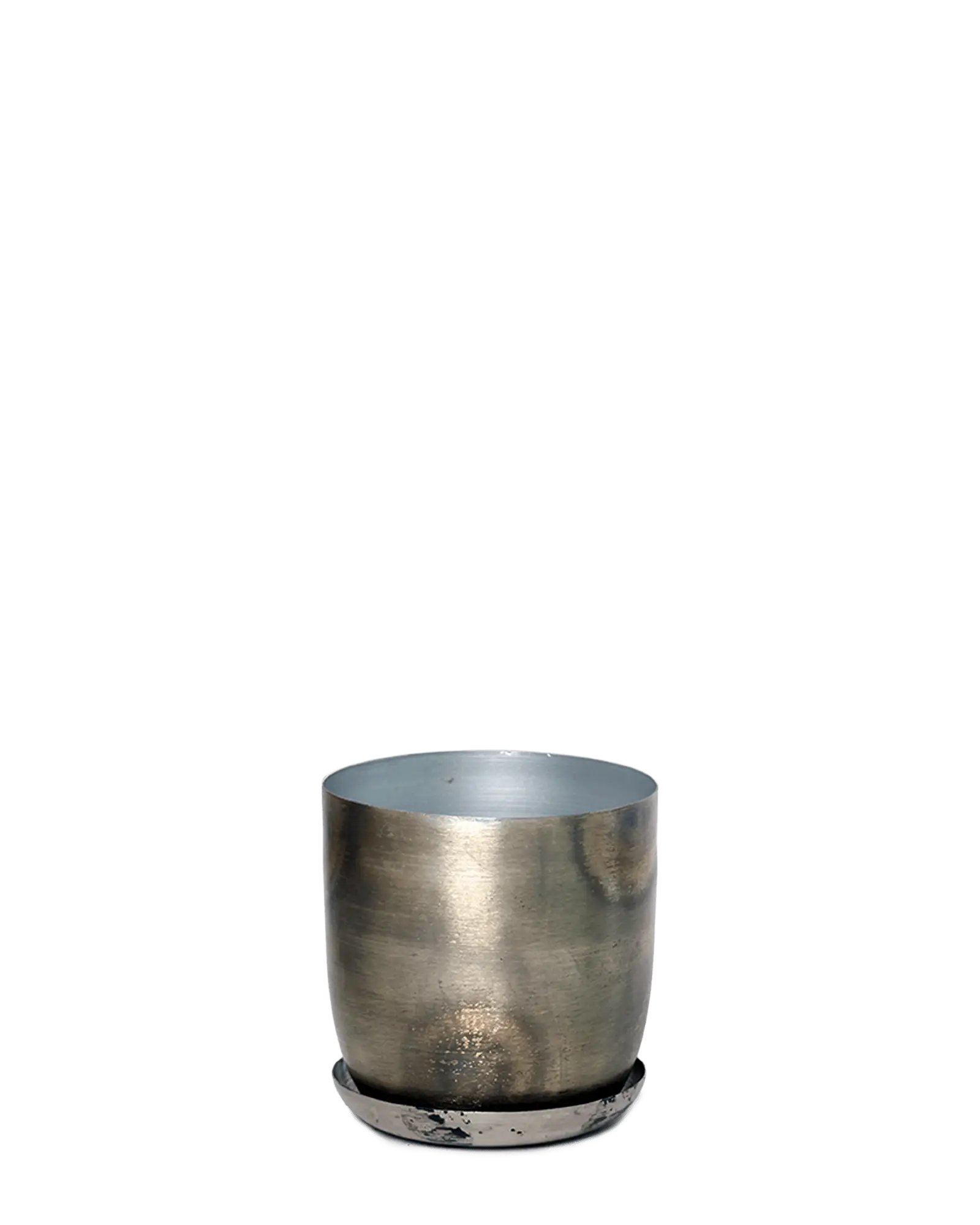 Chive Joe metal planter in silver with a brushed metallic finish and matching saucer.