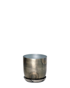 Chive Joe metal planter in silver with a brushed metallic finish and matching saucer.